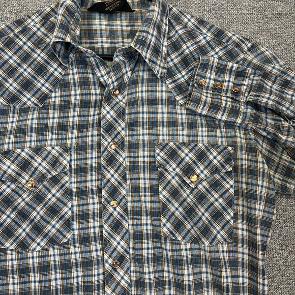 Vintage 70s Sears Pearl Snap Shirt Western Wear Blue Flap Pocket‎ Plaid Mens M - Picture 1 of 9
